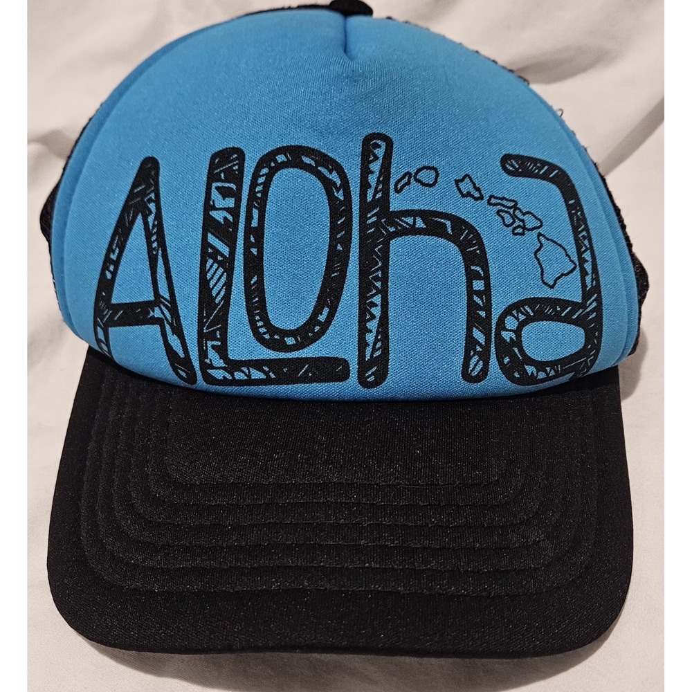 Hawaiian Headwear Trucker Hat Blue Black Adjustable Mesh Back Aloha‎ Theme